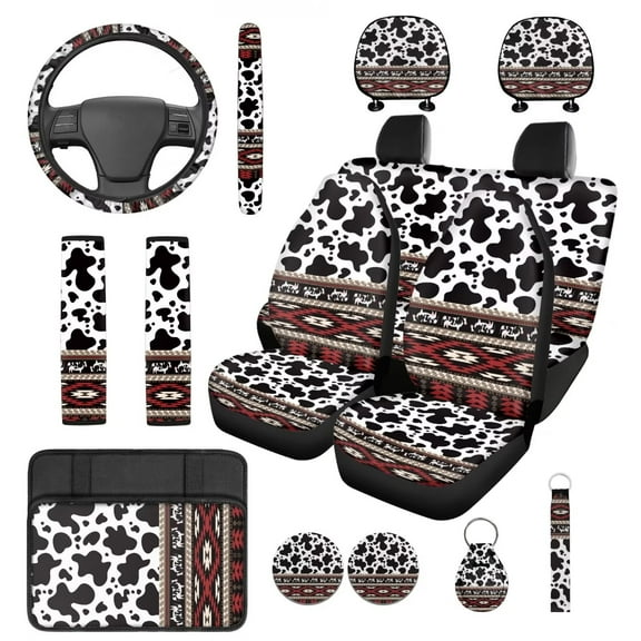 Yuyamidu Cow Print Car Seat Covers Full Set of 14 Aztec Steering Wheel Cover Center Console Pad Seatbelt Pad Headrest Covers Cup Holders Keychain Universal Auto Accessories Fit for Most Vehicles