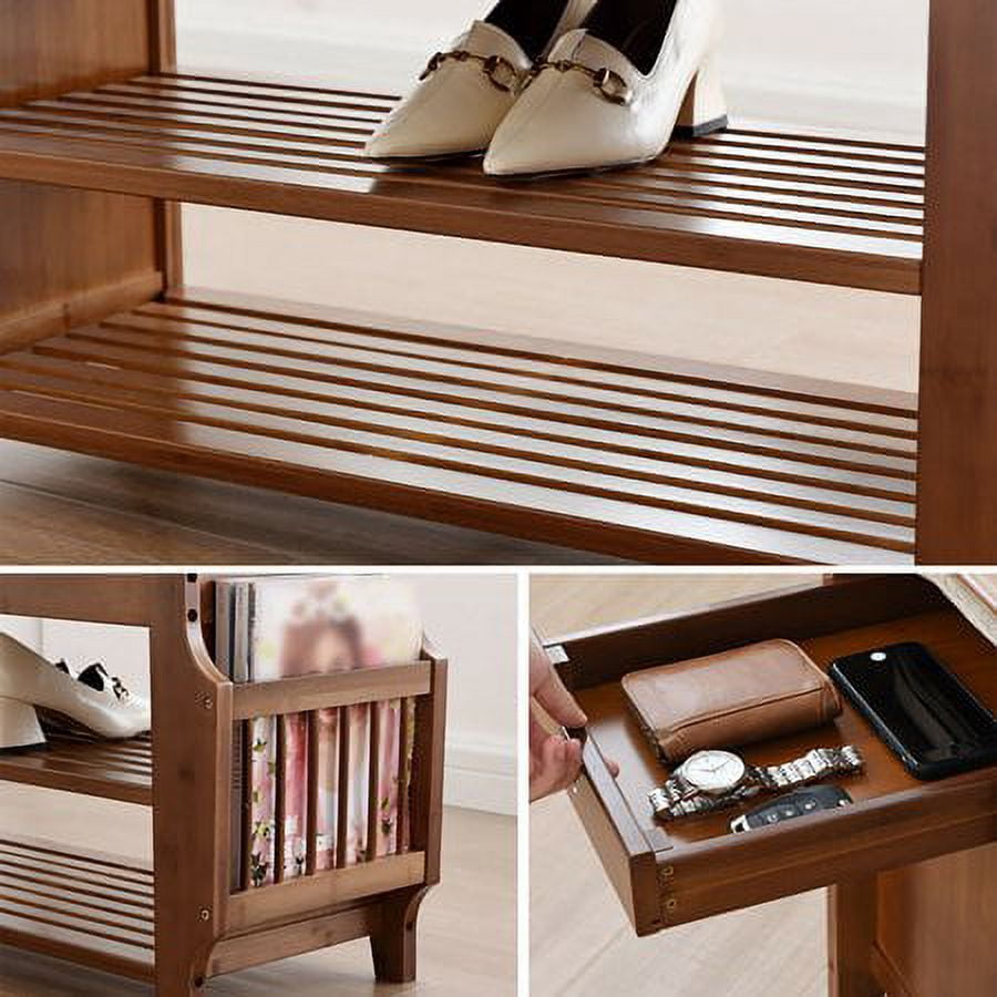2 Tier Shoe Bench Shoe Storage Bench Rack Entryway Shoe Stool & Soft Seat Entryway Shoe Bench 2-Tier Vintage Shoe Rack Foyer Storage Benches Wood Shoe Cabinet with Small Drawer and Side Space