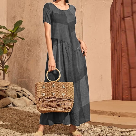 Qulqfy Maxi Summer Dresses for Women 2026 Casual Boho Gray Plus Size Short Sleeve Gingham Scoop Neck Pleat Loose Work Beach Long Dresses L