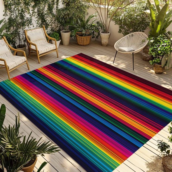 Fsddascl Rainbow Stripes Outdoor Rug for Patio/Deck/Porch, Non-Slip Large Area Rug 5 x 8 Ft, Mexico Colored Stripes Minimalist Indoor Outdoor Rugs Washable Area Rugs, Reversible Camping Rug Carpet