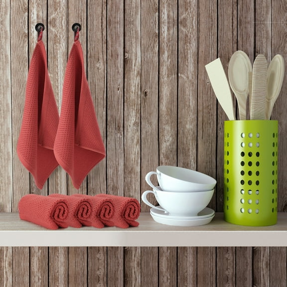 PiccoCasa Set of 6 Cotton Waffle Weave Kitchen Towels Set 12.6"x 12.6" Brick Red