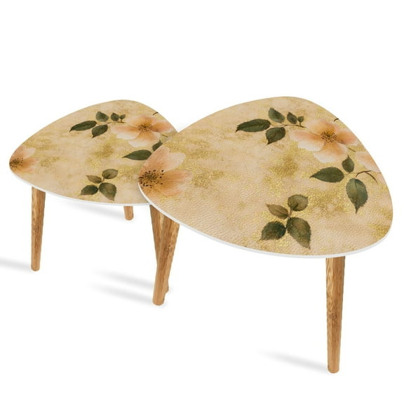 Triangle End Tables Set of 2 Vintage Hand Painted Rose Art Modern Glam Gold Small Coffee Table, Tea Table, Nesting Tables for Living Room