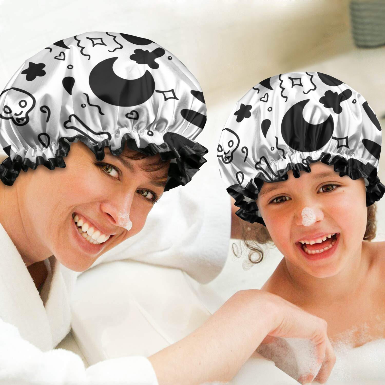 Shower Caps,Black and White Halloween Doodle Pattern Waterproof Shower Cap for Women 4 Pieces,Double Reusable Hair Cover for Shower PEVA Elastic Stretch Hem