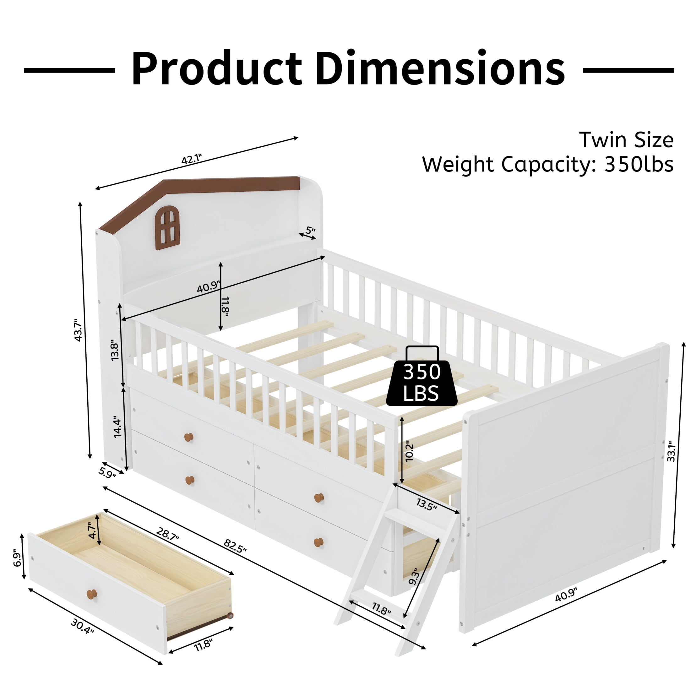 Noble House Twin Bed Frame with 4 Storage Drawers, House Headboard and Guardrails, White