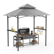 GVDV 8'x 5' Grill Gazebo Canopy, Outdoor BBQ Gazebo Shelter with 2 Side Shelves & Double-Tiered Top