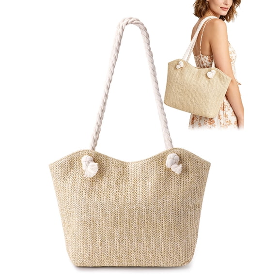 Gustave Straw Tote Bag for Women Summer Beach Bag Large Capacity Woven Shoulder Handbag Casual Vacation Purse with Zipper - Khaki