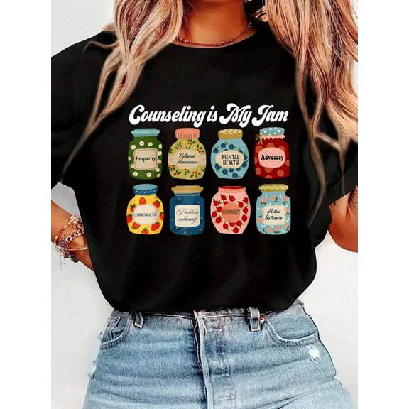 Counseling Is My Jam Counselor Grad School Psychologist T-Shirt Print T-Shirt Casual Crew Neck Short Sleeve Comfort Tee Top For Spring & Summer Women's Clothing