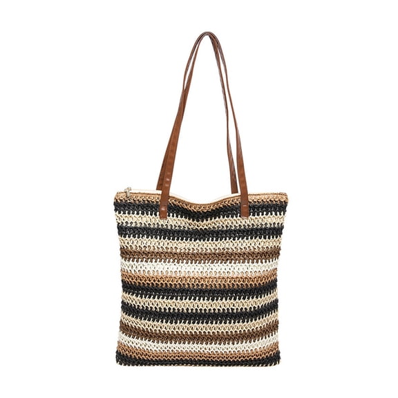 YAMB Striped Straw Woven Tote Bag, Large Capacity Breathable Woven Beach Handbag, Multicolor Trendy Leisure Shoulder Bag with Wide Opening for Women Vacation Shopping Travel Use, 15.35x13.98in