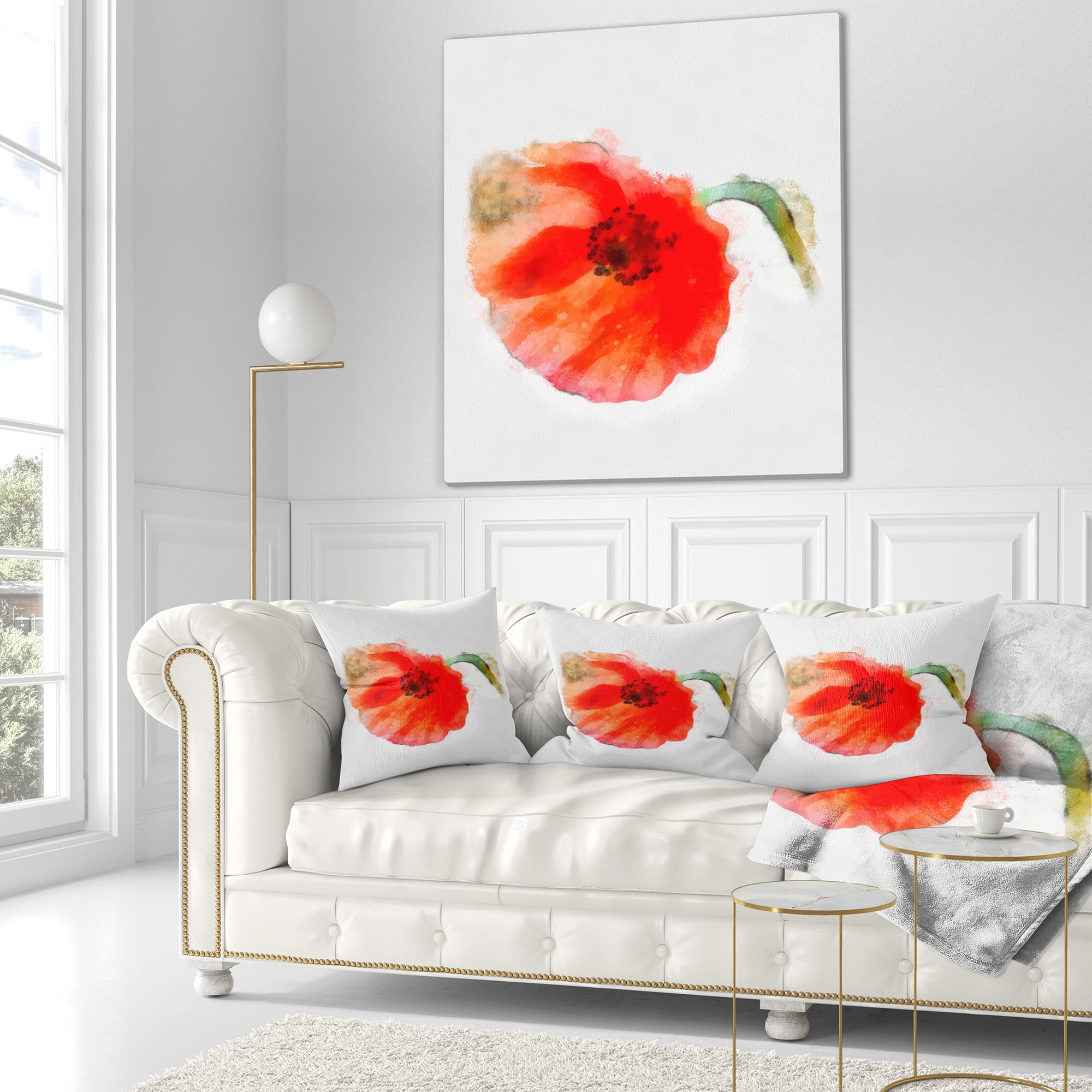 Designart Large Red Poppy on White Back - Flower Throw Pillow - 18x18