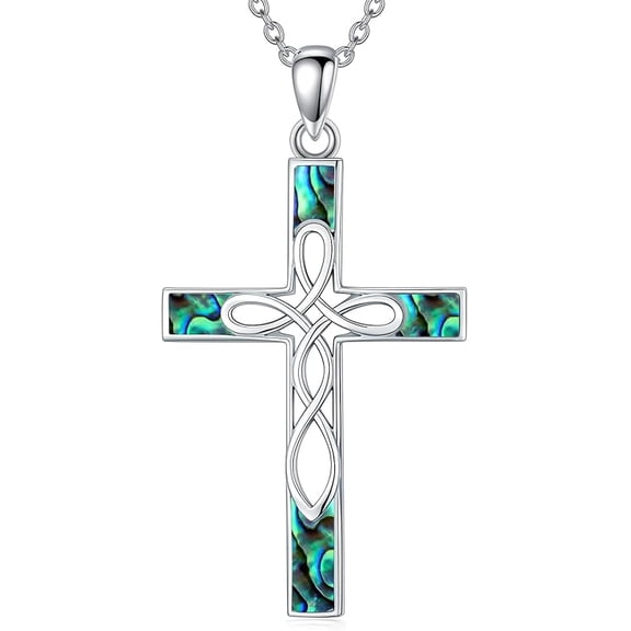 DVEATR Celtic Cross Opal Necklace 925 Sterling Silver Irish Knot Infinity Cross Pendant Christian Religious Faith Jewelry Gift for Women Her, 18" to 20" Chain