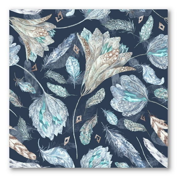 Designart ' Navy Blue Botanical Pattern With Feathers ' Traditional Canvas Wall Art Print