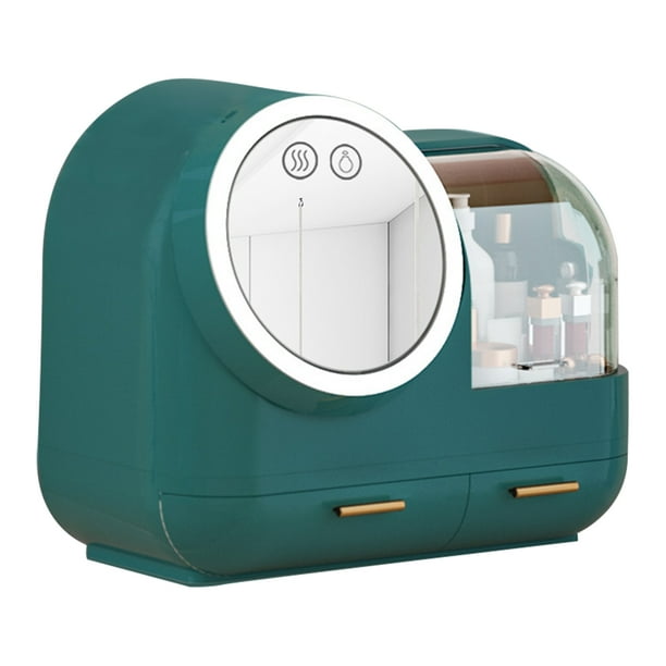 Organizador LED de maquillaje con ventilador suave - Espejo giratorio 360° y luces ajustables, diseño elegante en verde oscuro, ideal para baño o tocador. ¡Mantén tus cosméticos ordenados y
