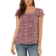 thumbnail image 1 of BLUSA FLORAL PARA MUJER INSPIRADA EN SAN VALENTÍN, CASUAL DE VERANO, CUELLO CUADRADO, MANGA CORTA, CON VOLANTES, TALLA XL, ROJO VINO, 1 of 8