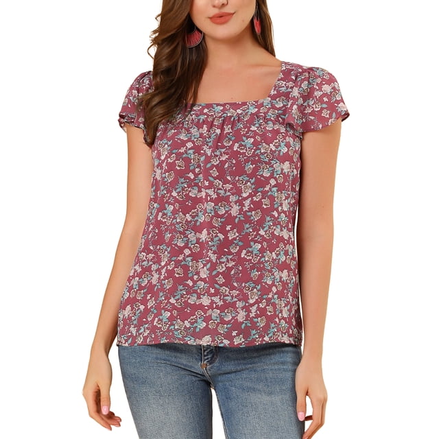 BLUSA FLORAL PARA MUJER INSPIRADA EN SAN VALENTÍN, CASUAL DE VERANO, CUELLO CUADRADO, MANGA CORTA, CON VOLANTES, TALLA XL, ROJO VINO