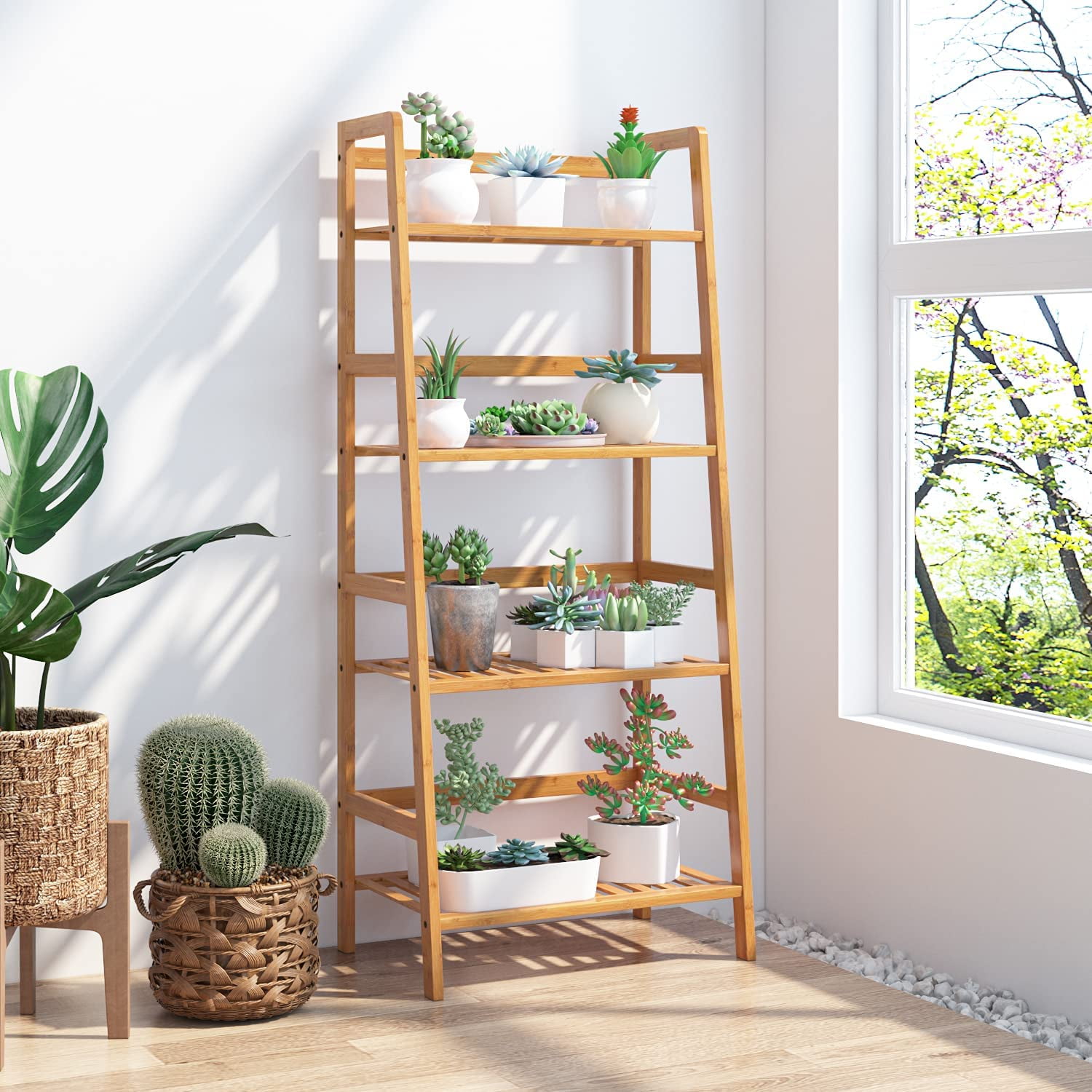 No Installation Bamboo Shelf Ladder Plant Stand Flower Rack Bookshelf Shoes Rack 