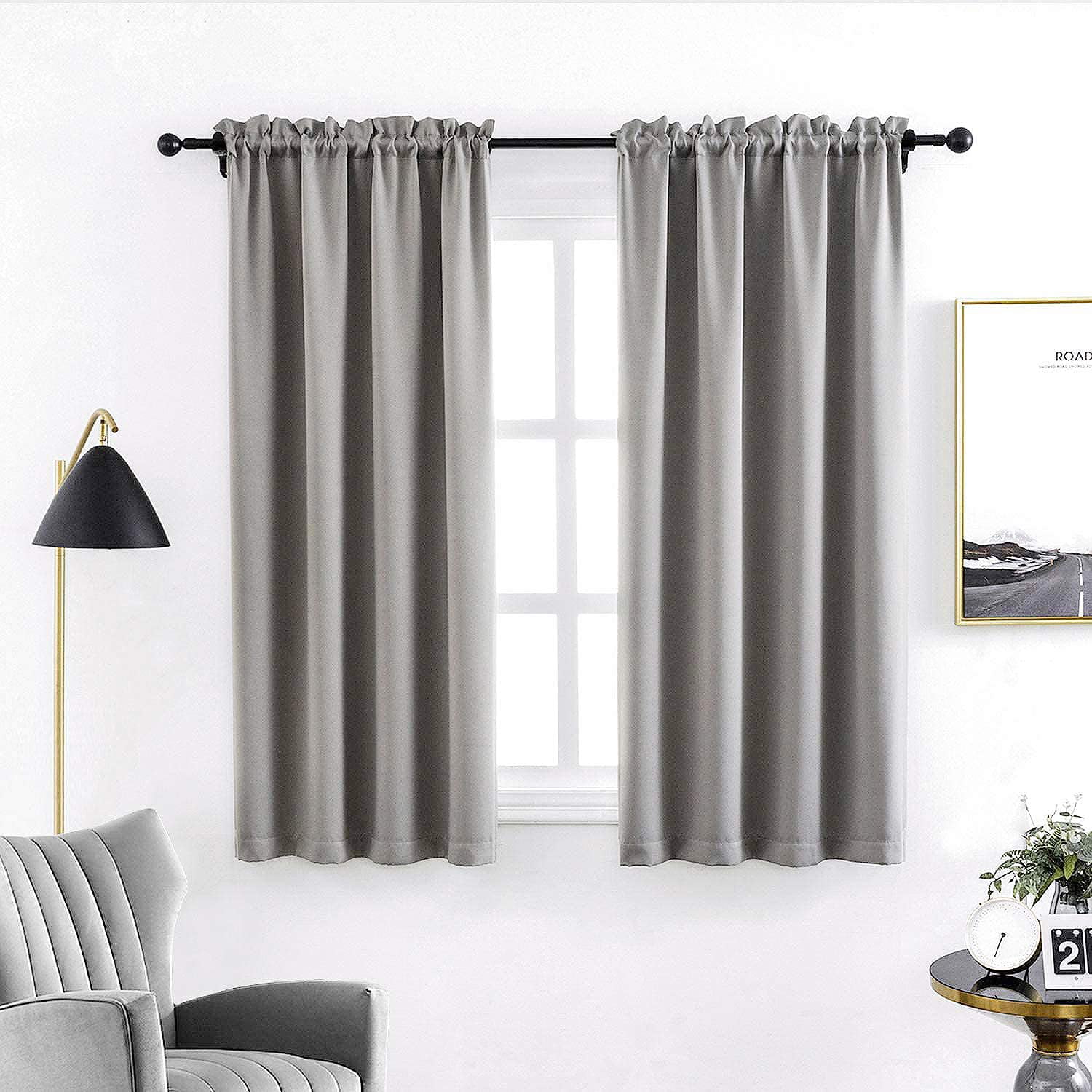 Blackout Curtains for Bedroom 45 Inches Length Grey Solid Plain Window