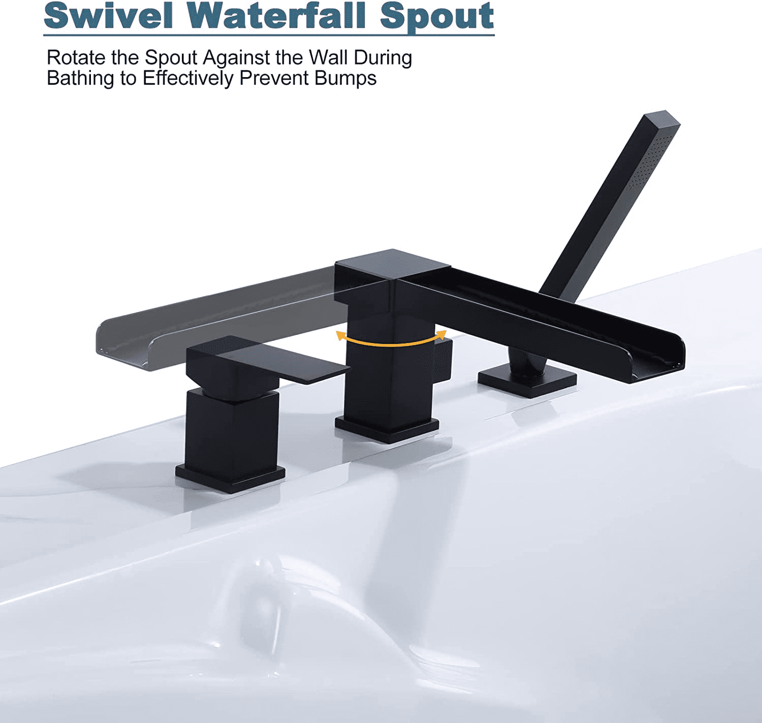 WOWOW Modern Matte Black Jacuzzi Garden Bathtub Faucet With Sprayer, Waterfall Deck Mount Bathroom Roman Tub Filler