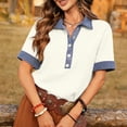 thumbnail image 6 of Rutainlusire Women's Color Block Collared Denim Trim Button Short Sleeve Tops Blouses Women's Colorblock Short Sleeve Button-Down Top With Contrast Collar, 6 of 6