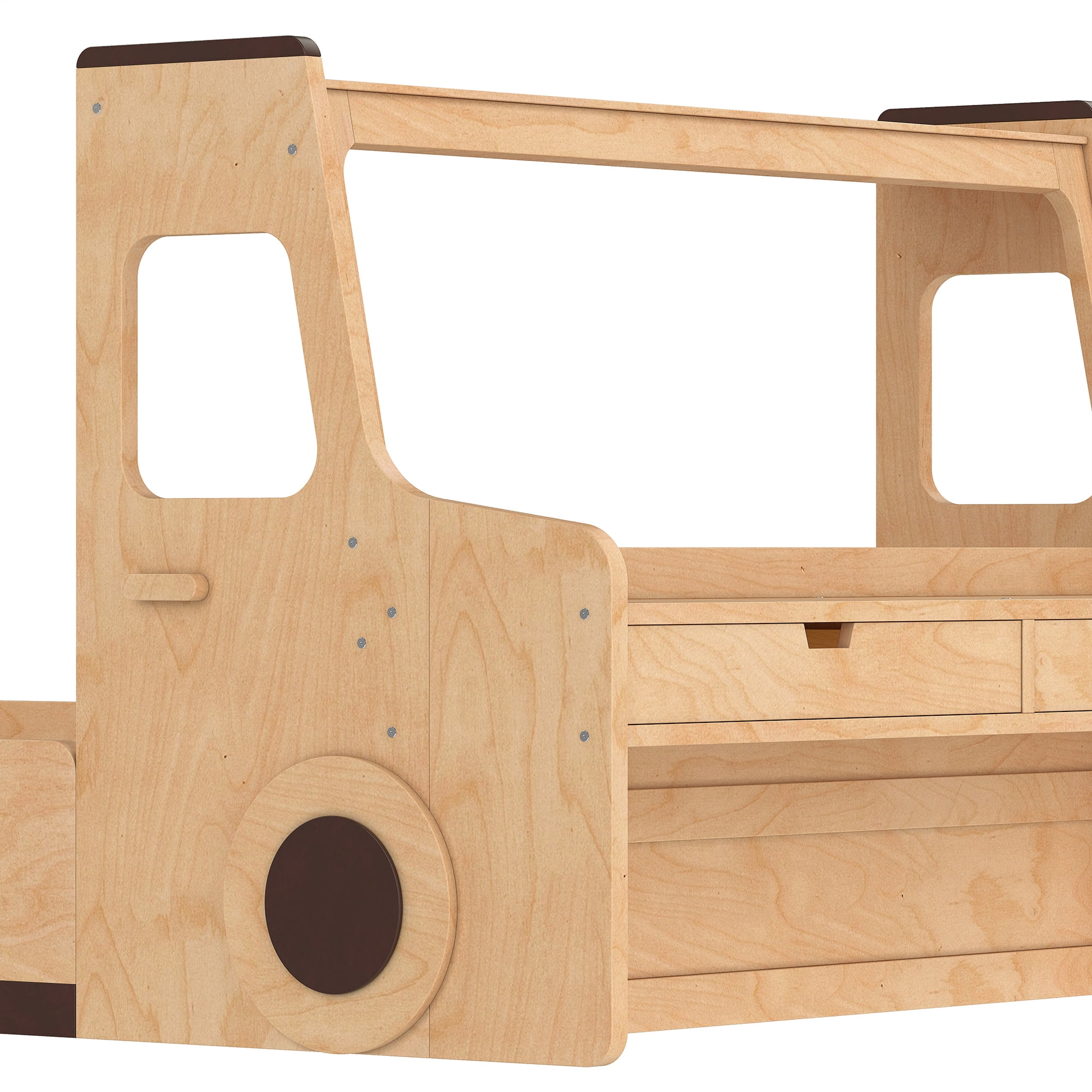 Bellemave Full Car-Shape Floor Bed, Wood Floor Beds Frame with Storage Drawers, Window & Desk, Creative Design for Small Space, Natural