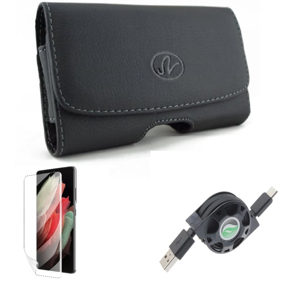 USB Cable & Matte Screen Protector & Case Belt Clip for Samsung Galaxy S22 Plus (S22+) - Combo Retractable Type-C Charger & TPU Film Anti-Glare & Leather Swivel Holster