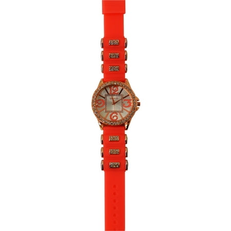 Geneva Analog Watch w/ Numbered Dial & Rhinestone Bezel & Band