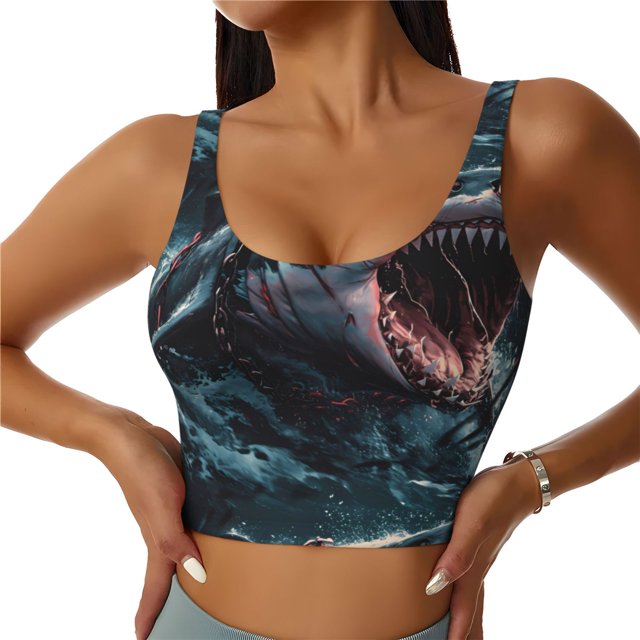 Fotbe Wave Chain Shark Sujetador Deportivo Largo sin Aros para Mujer con Almohadillas y Soporte Medio, Transpirable y Absorbente, Camiseta Tipo Chaleco o Tank Top-X-Large
