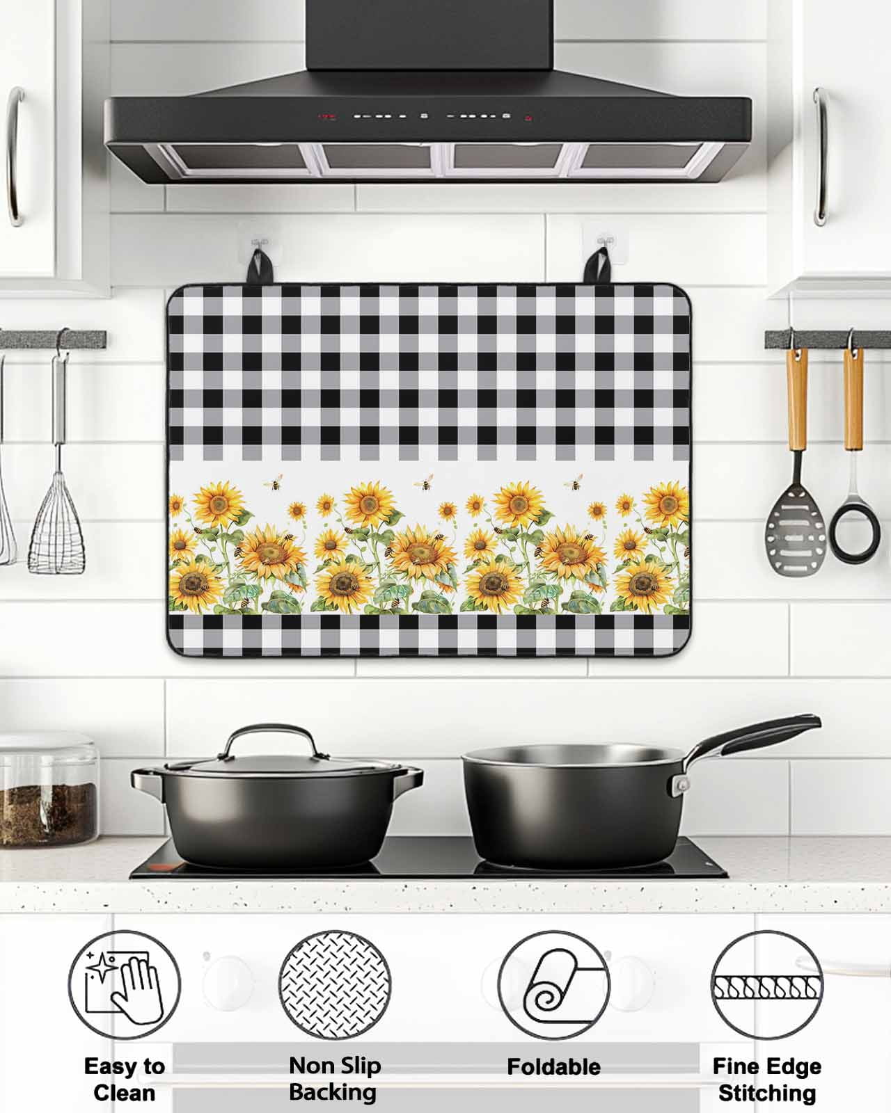 Stove Top Covers for Electric Stove, Sunflower Glass Stovetop Cover Protector, Black White Buffalo Plaid Check Country Bee Induction Cooktop Protector Oven Mat for Kitchen Countertop 24"x21"