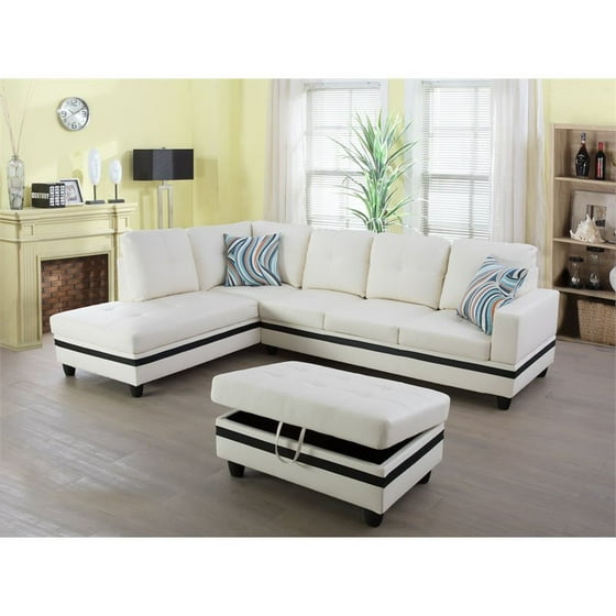 Ruscal Faux Leather Sectional Sofa With Ottoman In White
