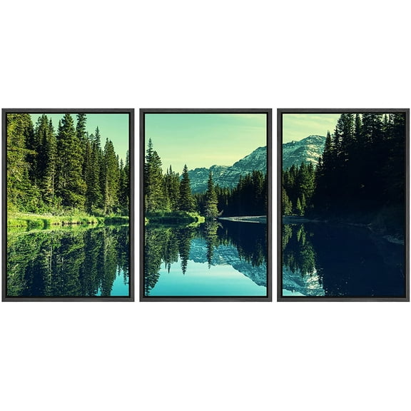 wall26 3 Piece Framed Canvas Wall Art - Glacier National Park, Montana. - Modern Home Art Stretched and Framed Ready to Hang - 24"x36"x3 Black