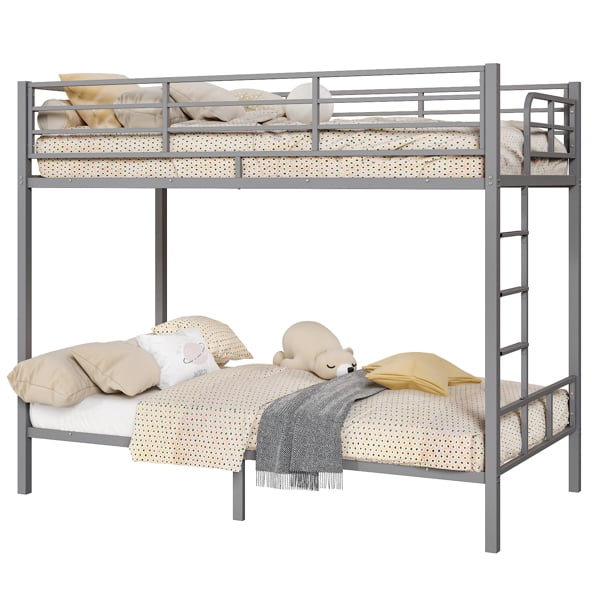 Grey Twin Bunk Bed Square Tube High Guardrail Side Ladder Opening Iron Bed