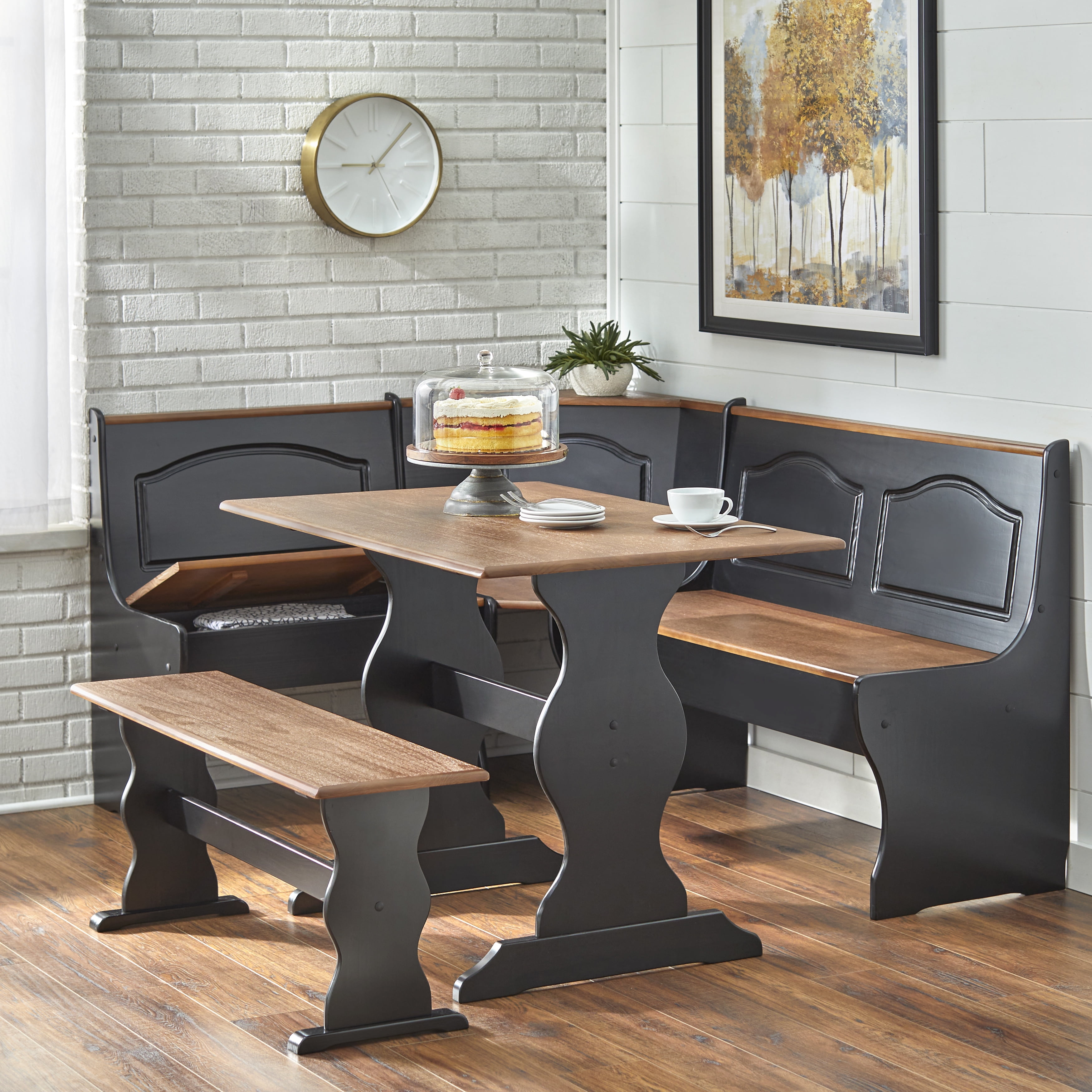 TMS Knox 3-Piece Corner Reversible Indoor Dining Breakfast Nook with Storage, Includes Nook, Table and Bench, Black/Walnut