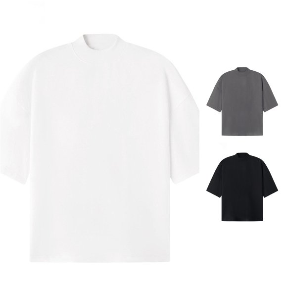 Zylarhe Mens Tshirt, Men Half High Neck T Shirt Short Sleeve Heavyweight Loose Falling Shoulder Minimalist Solid Color Fine White S
