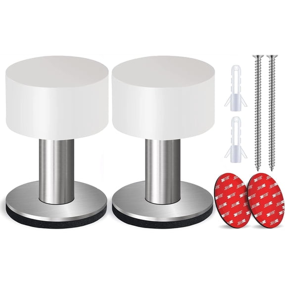 Door Stoppers, Self-Adhesive Door Stops with White Rubber & Stainless Steel Body - Sound Dampening Door Bumpers for Home & Office, Door stoppers for Bottom of Door (Medium-2.56inch - 2 Pack)