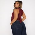 thumbnail image 3 of LYMAYTER Women Fashion Tank Mock Neck Sleeveless Fluttering Belt Crop Vest Summer Side Ruched Blouse S-L, 3 of 9