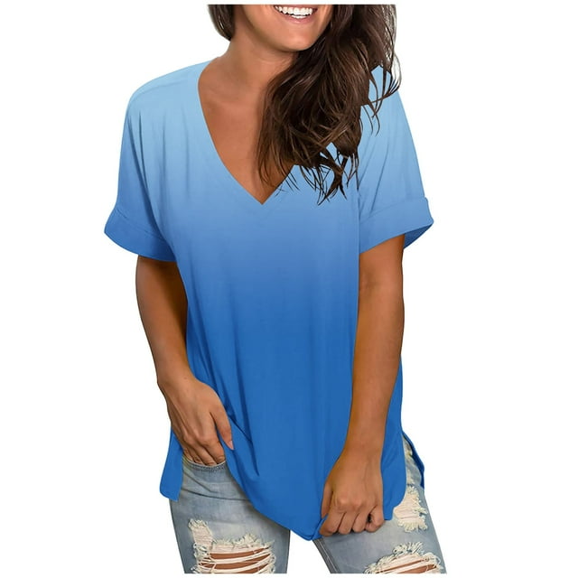 Birdeem Womens Fashion Casual Gradient V-Neck Short Sleeve Loose T-Shirt Tops