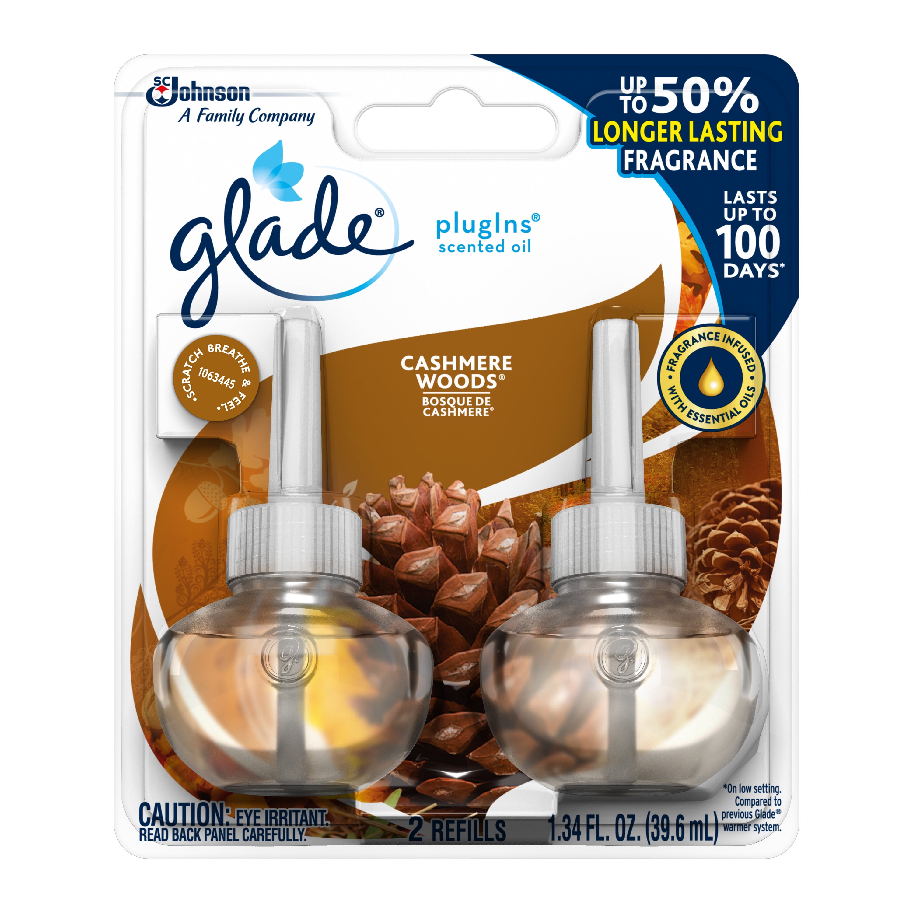 Glade PlugIns Scented Oil 2 Refills, Air Freshener, Cashmere Woods, 2 x 1.34 oz