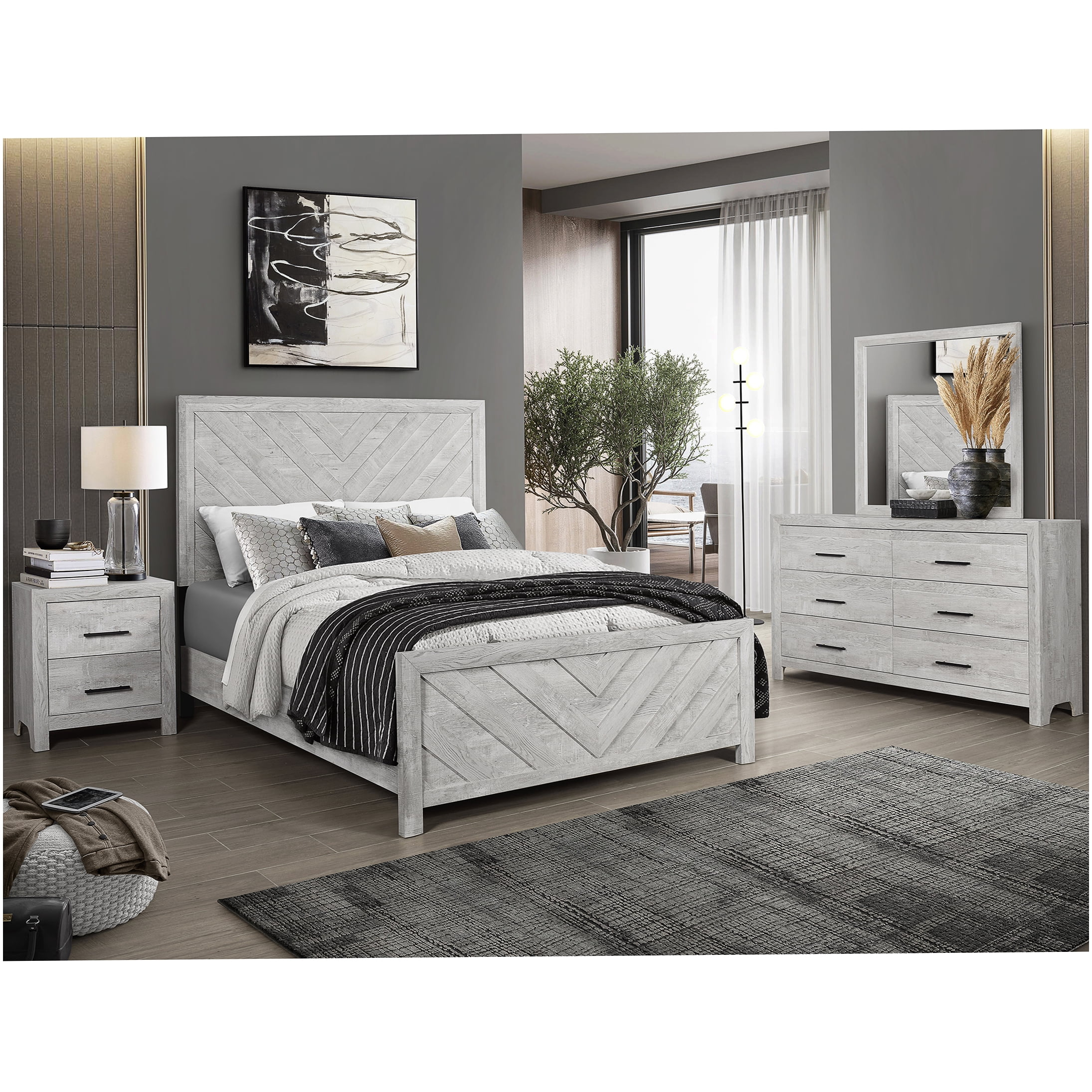 Queen Size Platform Bed Frame with Upholstered Headboard, Modern Low Profile Wood Bed, No Box Spring Needed, Strong Support, Bedroom Furniture