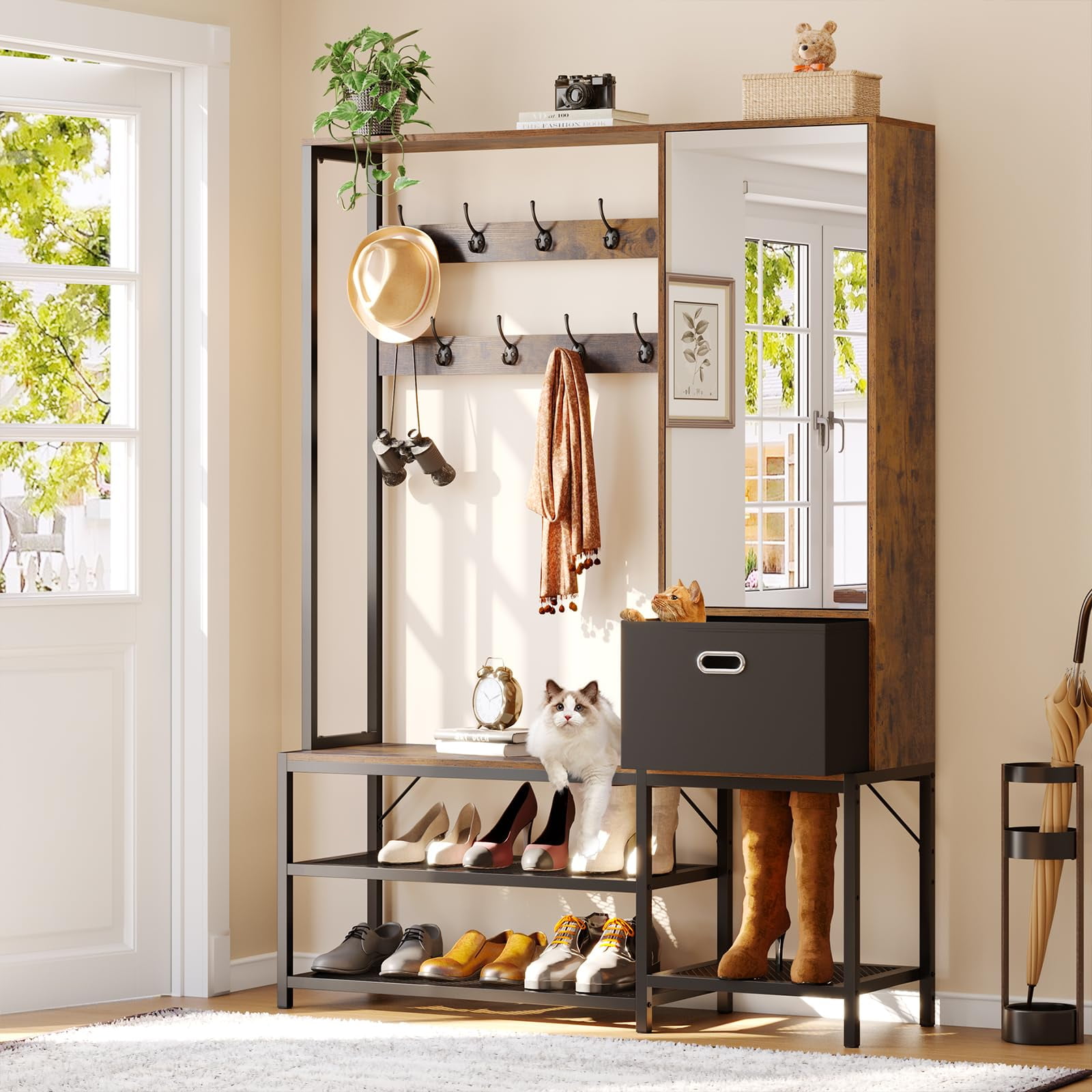 Coat Rack with Mirror Cabinet Industrial Entryway Bench with 9 Hooks and Fabric Drawer Grey Walmart