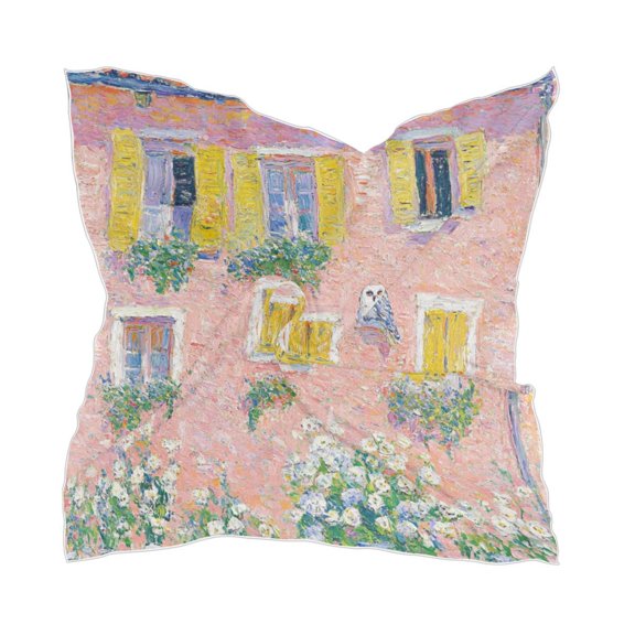 Pastel Painting Peaceful Owl 23.62x23.62in Square Scarf Silk like Fabric Single Sided Print with 10 Hair Clips