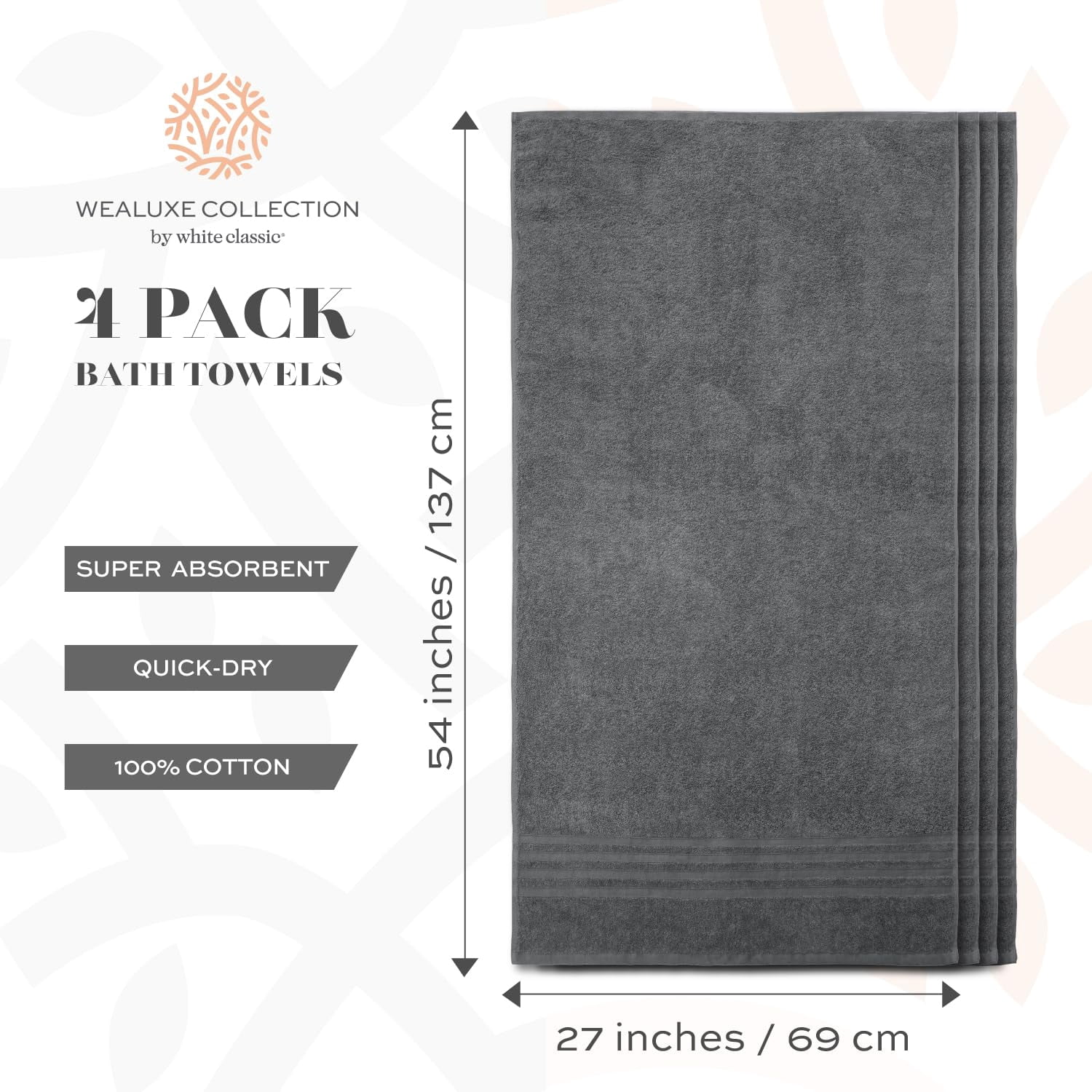 White Classic Gray Bath Towels Set of 4, Cotton Body Towel for Hotel, Gym, Spa, Soft Extra Absorbent Quick Dry Towels for Bathroom 27x54 Inch
