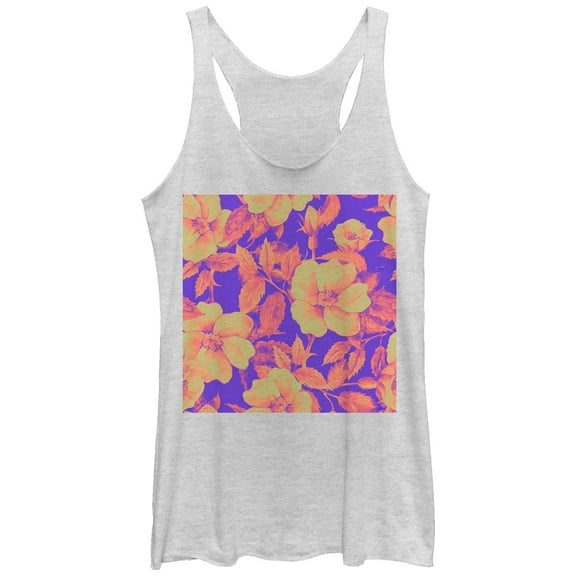 Women's Lost Gods Floral Print Square  Racerback Tank Top White Heather Large