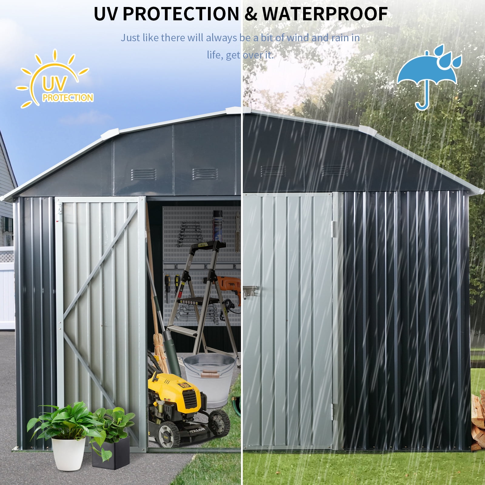 10x12ft Metal Outdoor Storage Shed with Arch Roof Black
