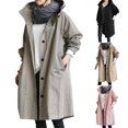 thumbnail image 2 of Women Windbreaker Hooded Button-down Loose Pure Color Coat Long Sleeves Knee Length with Pockets Tight Waist Windproof Lady Jacket, 2 of 8