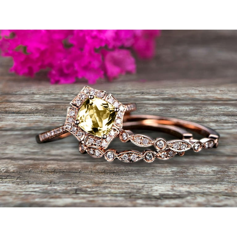 Champagne Diamond Moissanite Engagement Ring On Solid 14k Rose gold 7mm  Cushion Cut 3.05 Carat Trio Set Anniversary Ring Vintage Looking Halo 