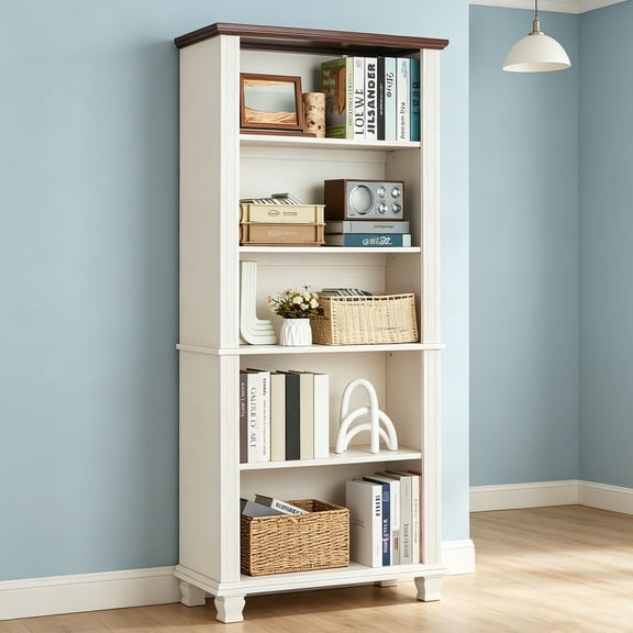 LELELINKY 70" White 5-Tier Wood Bookshelf with Adjustable Shelves, Freestanding Farmhouse Bookcase, Vintage Display Storage for Classroom, Office
