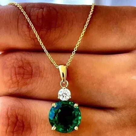 1Ct Round Cut Lab-Created Green Emerald Solitaire Pendant 14K Yellow Gold Plated