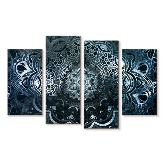 Elephant Stock Mesmeric Mandala Wall Art - Horizontal Multi Panel Canvas - Living Room Wall Decor - Decor Elements Multi Panel - Gray And Blue Decor - 24" x 14"