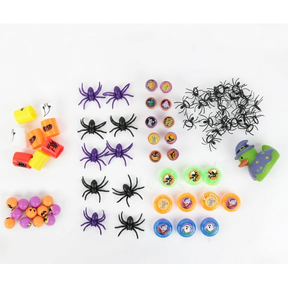 Halloween Toy Assortment - 67 Pcs: 20 Spider Rings, 10 Yo-Yos, 10 Stamps, 10 Mini Balls, 10 Realistic Spiders, 8 Slinkys, 1 Witch Rubber Duck - Trick-or-Treat Party Favors - SandT Collection™
