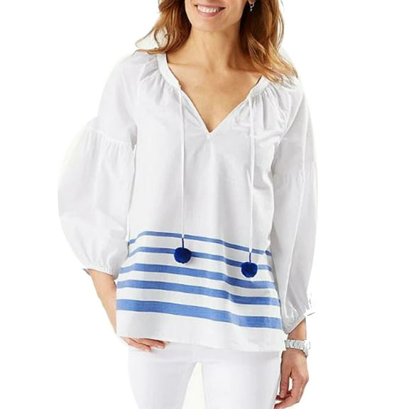 Tommy Bahama Pom Stripe 3/4 Sleeve Cotton Top, Turkish Sea, S