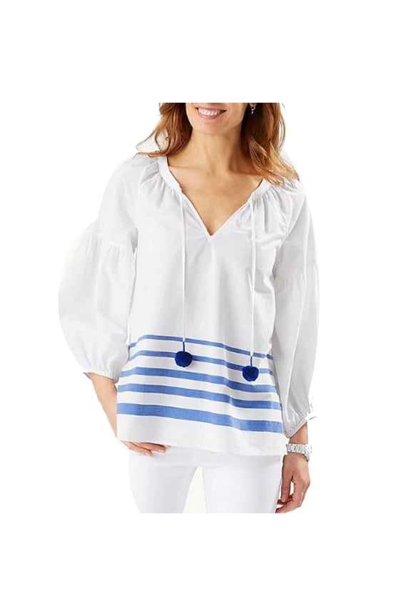 Pom Stripe 3/4 Sleeve Cotton Top, Turkish Sea, S